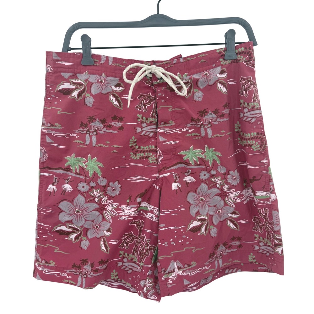 Vintage POLO‎ SPORT Ralph Lauren Mens Hawaiian Print Swim Trunks Red Pink Medium